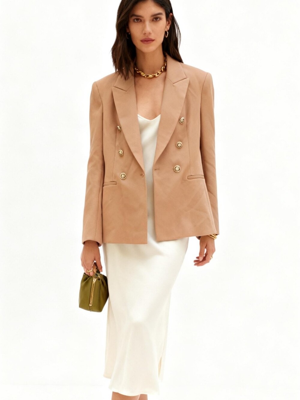 Zara Double-Breasted Tailored Blazer In Camel Size S